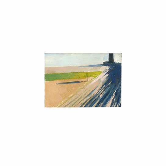 Lighthouse and Furrows. Happisburgh, Norfolk. Oil on Board. 13 x 18 cm.